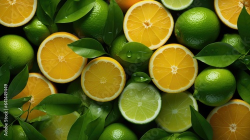 Citrus fruit background, top view. Ripe lemons and limes. Summer juicy horizontal background with copy space photo