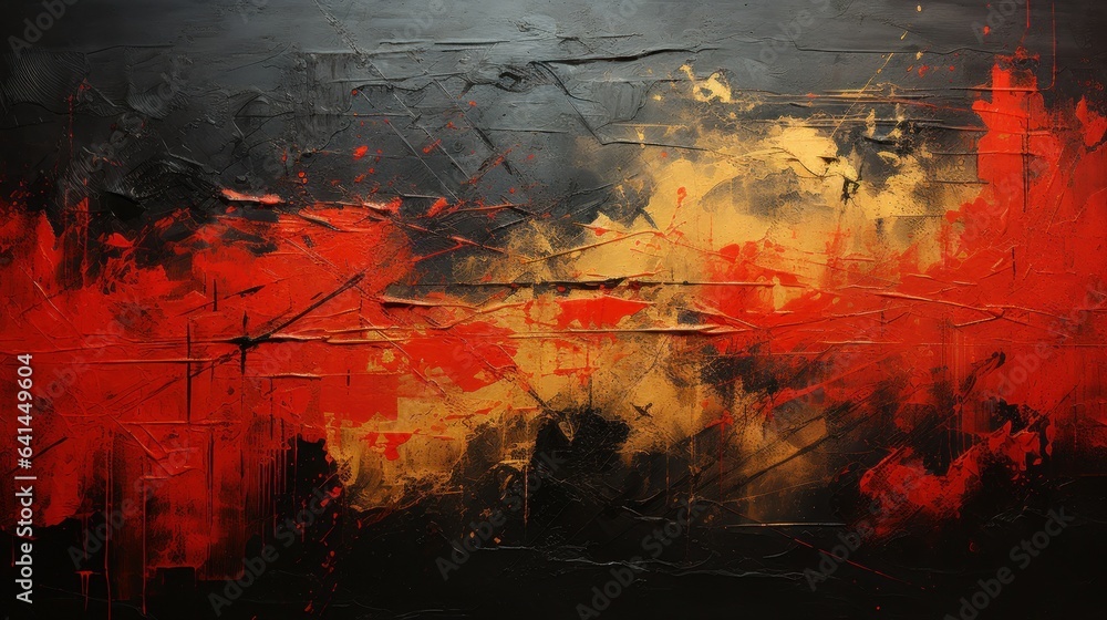 A painting of a red, yellow and black abstract background
