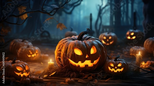 Pumpkins with glowing eyes and mouths on a blurred background at night in a foggy dark spooky forest with burning candles, Halloween holiday concept with copy space