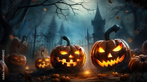 A group of pumpkins with glowing eyes and mouth on a blurred background at night of a fence and a spooky dark castle with burning candles, Halloween holiday concept with copy space