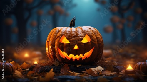 Evil pumpkin with glowing eyes and mouth in autumn forest with fallen leaves and candles on blurred background, Halloween scary holiday concept with copy space