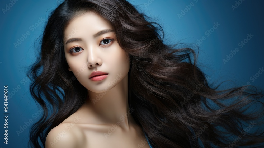 Fototapeta premium Beautiful Asian woman with perfect skin natural makeup pure beauty big eyes and plump lips perfect skin dark curly hair on a blue horizontal background for advertising beauty salon spa advertising