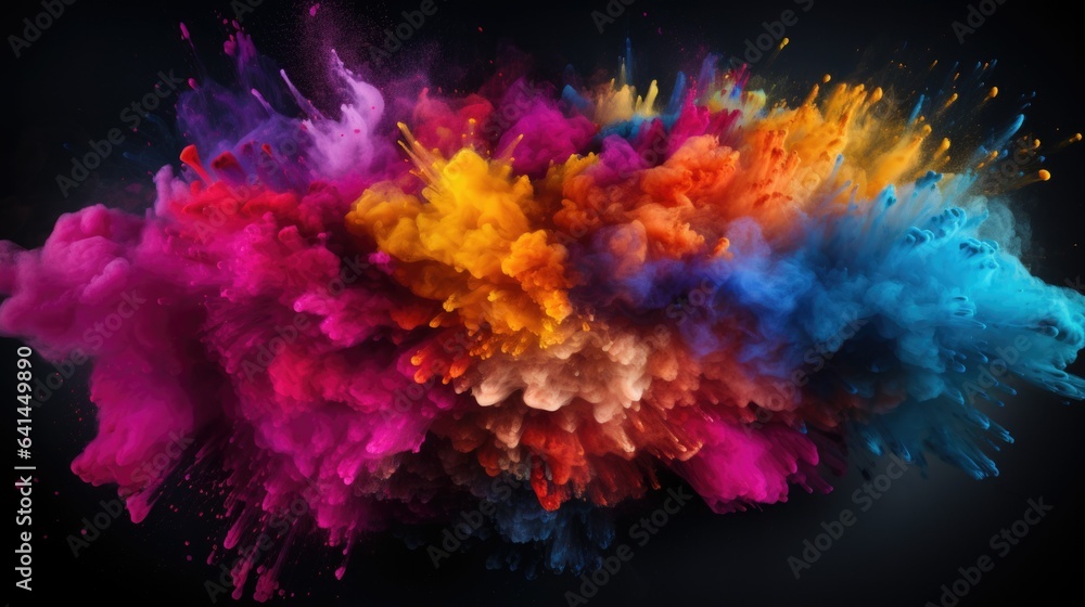 Colorful explosion of smoke and rainbow splashes of Holi powder isolated on black horizontal background splash of colors abstract art pattern. Colorful explosion of smoke and rainbow splashes of Holi powder isolated on black horizontal background splash of colors abstract art pattern.