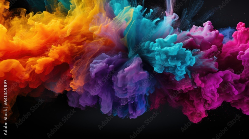 Liquid colorful dynamic explosion of ink paints texture and smoke splashes on a black background abstract rainbow art pattern Holi holiday