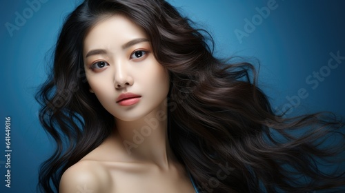 Beautiful Asian woman with perfect skin natural makeup pure beauty big eyes and plump lips perfect skin dark curly hair on a blue horizontal background for advertising beauty salon spa advertising 