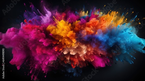 Colorful explosion of smoke and rainbow splashes of Holi powder isolated on black horizontal background splash of colors abstract art pattern.