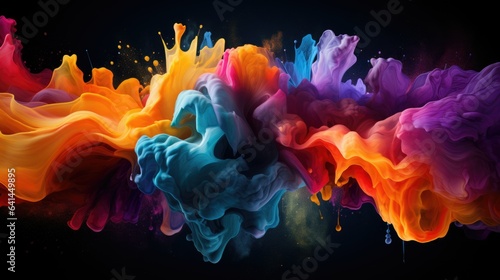 Fantastic spiral explosion colorful liquid paint splatter on black background abstract liquid dynamic ink and smoky texture photo