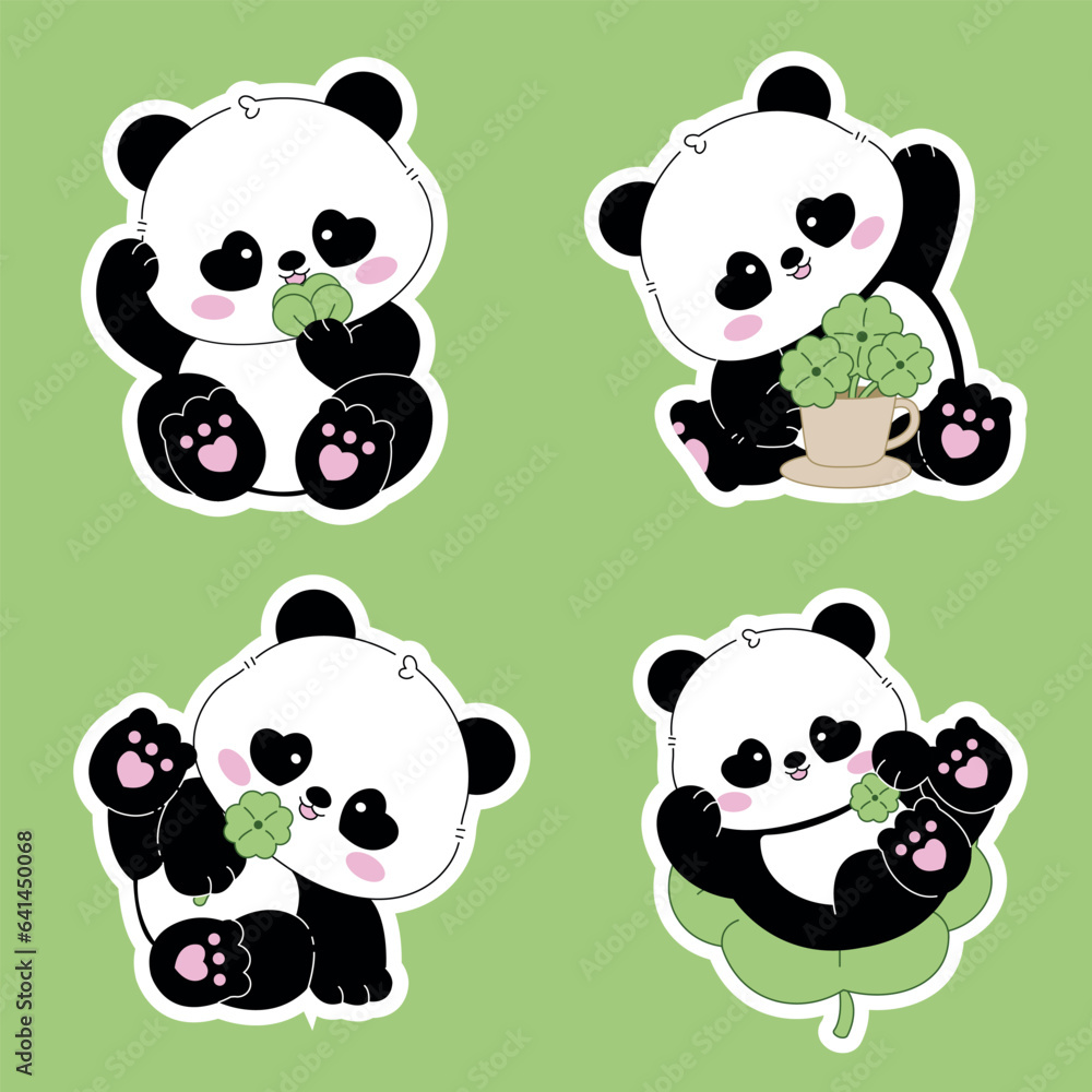 Fototapeta premium cute panda, stickers collection.set, cute; cute panda with good luck leaf waving hand, vector illustration. editable stroke