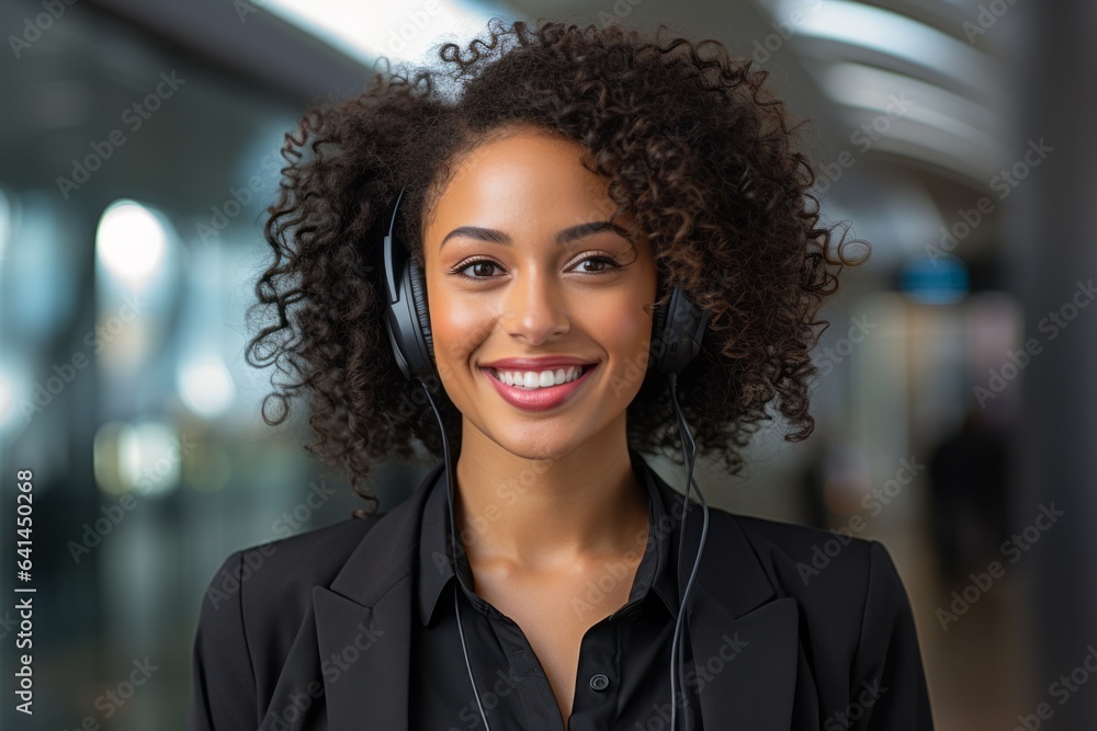 Call center or support staff. Woman with headphones in the office. Call center or support staff. Woman with headphones in the office.