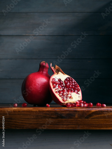 Image of Still Life with Pomegranate. Dark wood background, antique wooden table.