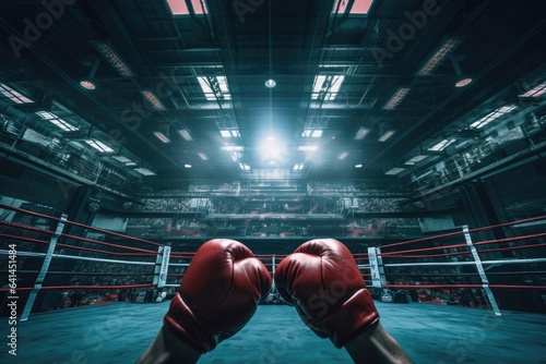 Pov of hands with boxing gloves , boxing arena in the backround. Generative ai