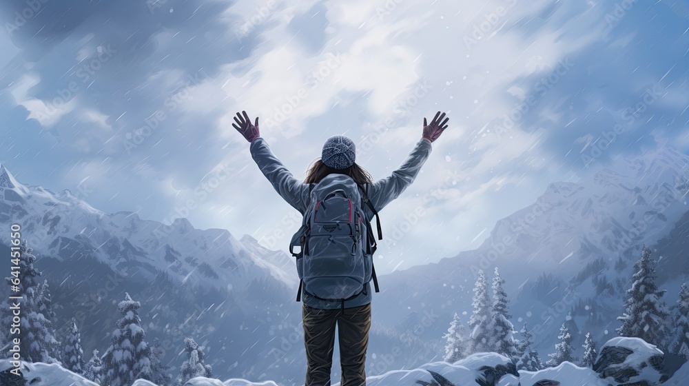 Female hiker, full body, view from behind, standing in a snow storm with raised arms, hands clenched into fist