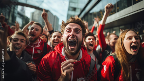 Soccer fans  wearing their national team s jerseys  are chanting and waving flags. Generative AI