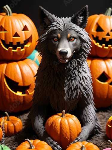 werewolf surrounded by decorative halloween pumpkins made of clay and felt

