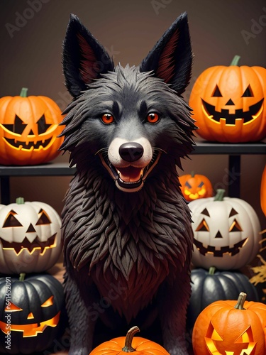 werewolf surrounded by decorative halloween pumpkins made of clay and felt