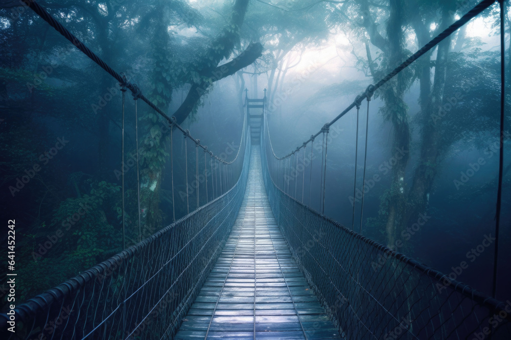 Obraz premium A suspension bridge in the foggy jungle. Generative AI