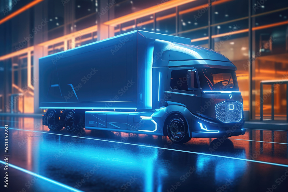 Electric truck in a futuristic environment. Truck with neon lights. Generative AI Electric truck in a futuristic environment. Truck with neon lights. Generative AI