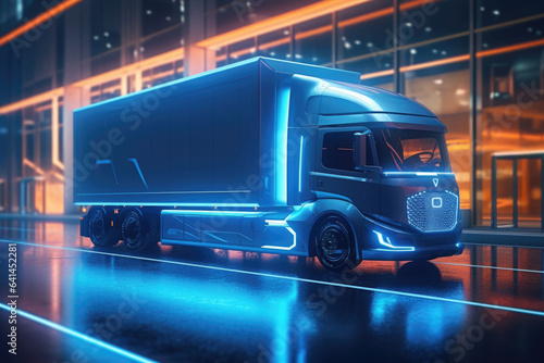 Electric truck in a futuristic environment. Truck with neon lights. Generative AI © barmaleeva