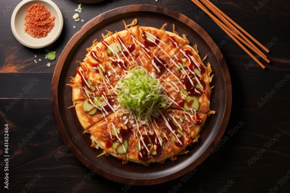 Okonomiyaki with tuna on dark table. Japanese fast food dish, fried flatbread with special sauce and sprinkled sliced dried tuna. Asian food. View from above. Generative AI. Okonomiyaki with tuna on dark table. Japanese fast food dish, fried flatbread with special sauce and sprinkled sliced dried tuna. Asian food. View from above. Generative AI.