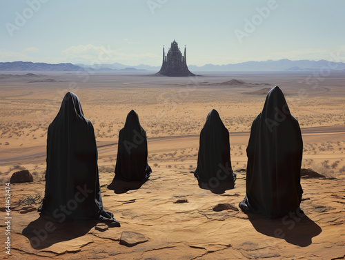 People totally covered from head to toe in the desert. People with hooded backs like monks in a mysterious and intriguing setting in the arid desert.