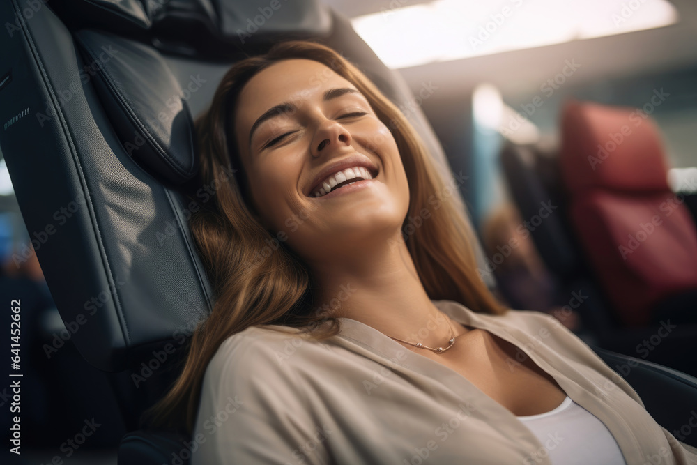 A relaxed woman is sitting in a massage chair with her eyes closed, hypnosis session A relaxed woman is sitting in a massage chair with her eyes closed, hypnosis session