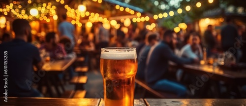 Glass of beer with blurred people in the background, shallow depth of field
