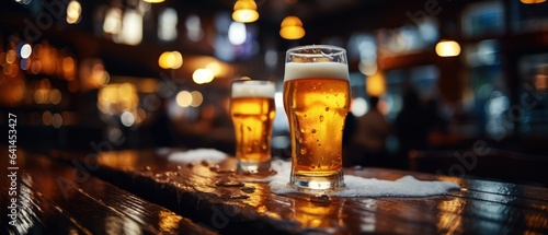 Two glasses of beer on a wooden table in a pub  bokeh background