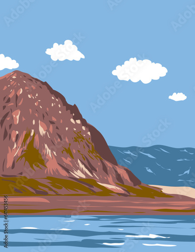 WPA poster art of surf beach at Morro Rock Beach in Morro Strand State Beach in city of Morro Bay, San Luis Obispo, California CA, United States of America USA done in works project administration.
