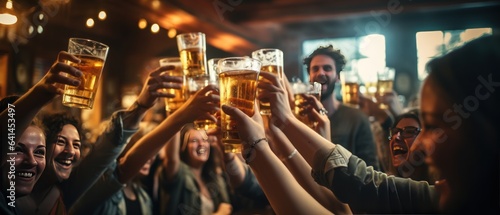 Group of friends clinking glasses of beer at bar or pub.