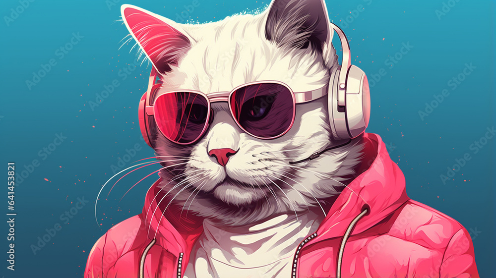 cat listening music with headphones