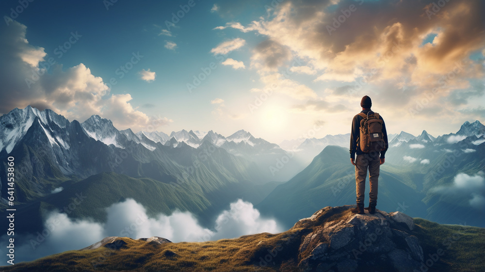 young hiker man in top of mountain with beautiful view
