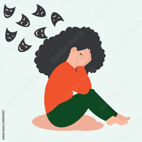Young Woman Encircled by Large Sinister Masked Eyes, Experiencing Helplessness. Distressed Girl Confronts Verbal Abuse and Bullying. Depicting Notions of Mental Health Disorders, Phobias, and Fears