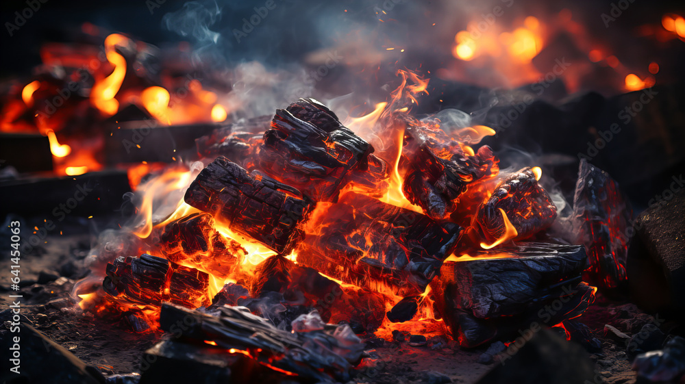 Hot coals, the process of smoldering and heat, with smoke and sparks. On a dark background. Generative AI technology. Hot coals, the process of smoldering and heat, with smoke and sparks. On a dark background. Generative AI technology.