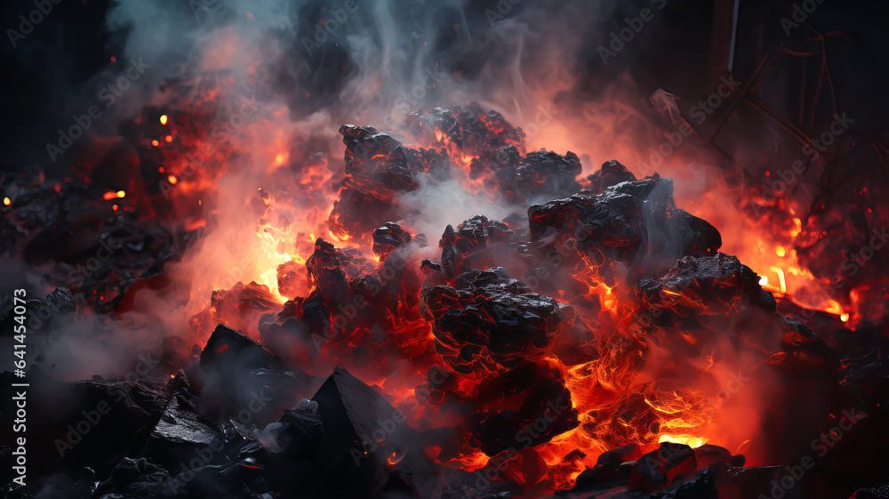 Hot coals, the process of smoldering and heat, with smoke and sparks. On a dark background. Generative AI technology. Hot coals, the process of smoldering and heat, with smoke and sparks. On a dark background. Generative AI technology.