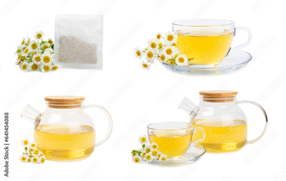 Herbal tea with fresh chamomile flowers isolated on white background. Calming and relaxing drink. Immunity.Tea bag, cup and teapot of hot chamomile tea. Tea drinking concept. Herbal tea with fresh chamomile flowers isolated on white background. Calming and relaxing drink. Immunity.Tea bag, cup and teapot of hot chamomile tea. Tea drinking concept.