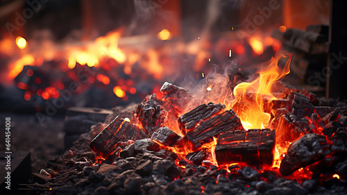 Hot coals, the process of smoldering and heat, with smoke and sparks. On a dark background. Generative AI technology.