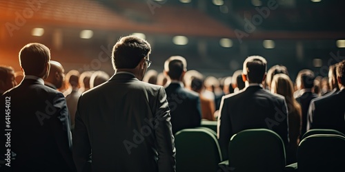 group of businessmen standing in an auditorium
