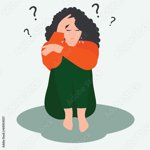 Depressed woman sits on the floor and sees no prospects. Sad girl is powerless and apathy. Female person without motivation. Mental health concept. Vector illustration