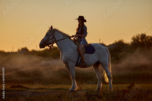 Horseback woman riding on galloping horse with red rising sun on horizon. Beautiful sunset header background with equine and girls silhouette. © Ryzhkov Oleksandr