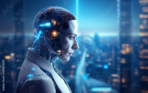 Cyborg man thinking with cityscape background 3D rendering. Futuristic technology transformation, Chatbot, assistant