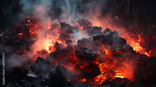 Hot coals, the process of smoldering and heat, with smoke and sparks. On a dark background. Generative AI technology.