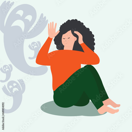 Illustration exploring Dissociative Identity Disorder, depicting an anxious woman coping with mental health struggles, symbolizing schizophrenia symptoms and the concealed fear of split personality