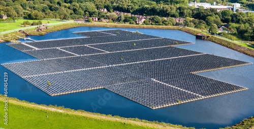 Aerial image of floating solar energy panels in Godley  United Kingdom. 