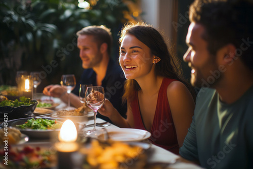 A candid moment captures a group of friends engrossed in conversation at a fine dining restaurant. The focus is on a young woman  elegantly dressed  her smile lighting up the table.