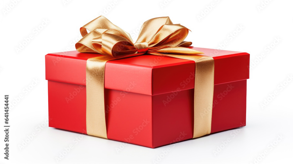 Red gift box with golden ribbon isolated on white Made with Generative AI Red gift box with golden ribbon isolated on white Made with Generative AI