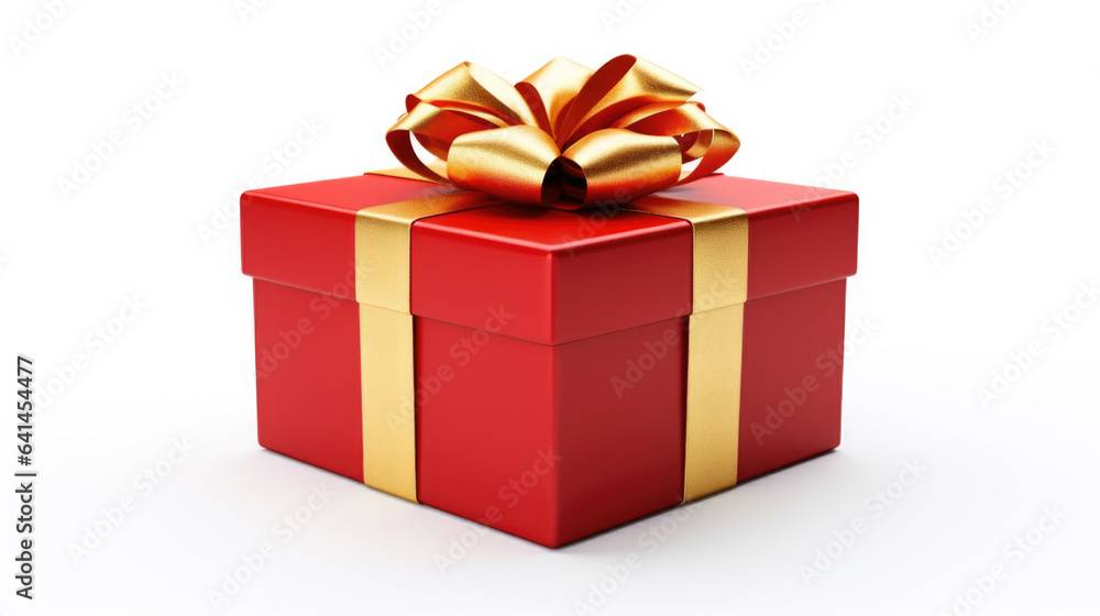 Red gift box with golden ribbon isolated on white Made with Generative AI Red gift box with golden ribbon isolated on white Made with Generative AI