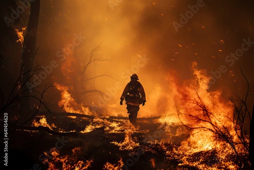 Firefighter in the forest on fire 
