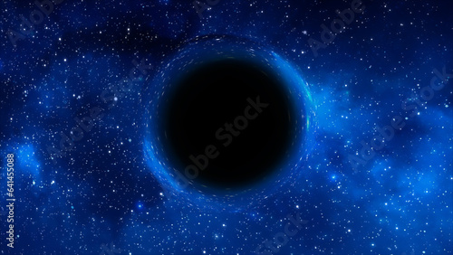 3D rendering of a supermassive black hole against a starry sky