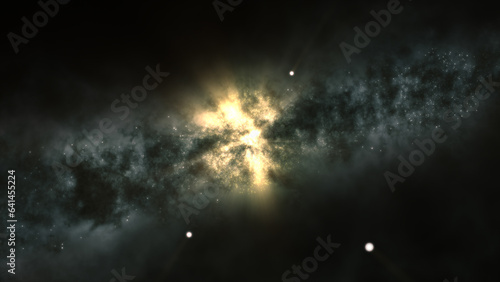 3D rendering of a bright galaxy consisting of nebulae and star clusters