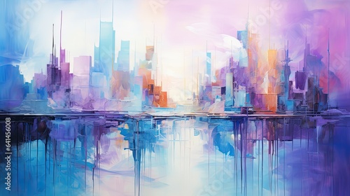 Colorful abstract city landscape painting in shades of violet and pink. Paint waves. © Photo And Art Panda